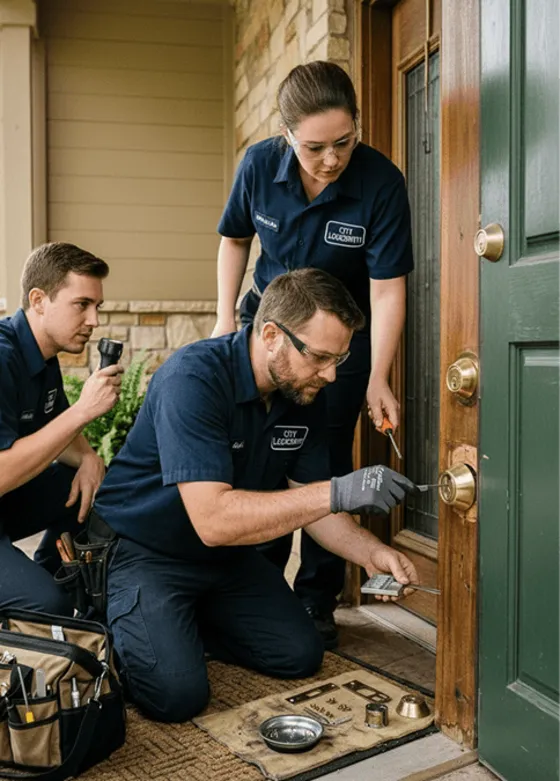 Metro Locksmith team replacing the lock on a home's front door